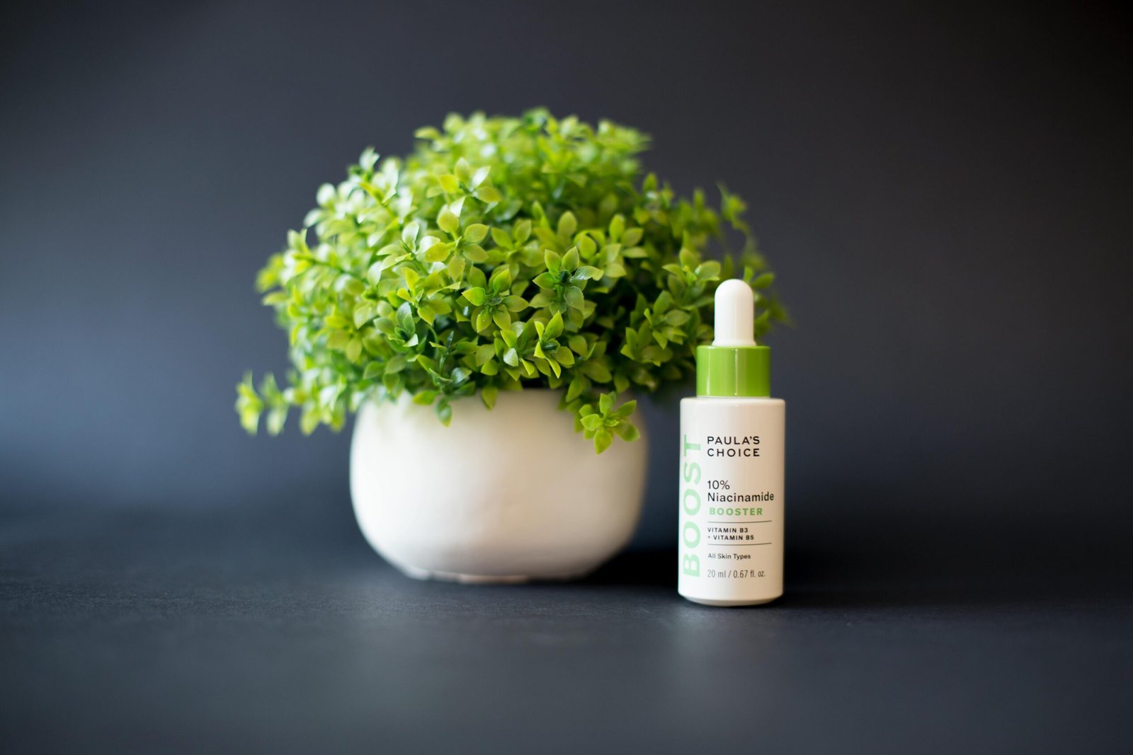 Elegant arrangement of a green plant in a vase alongside a skincare serum bottle on a gray background.